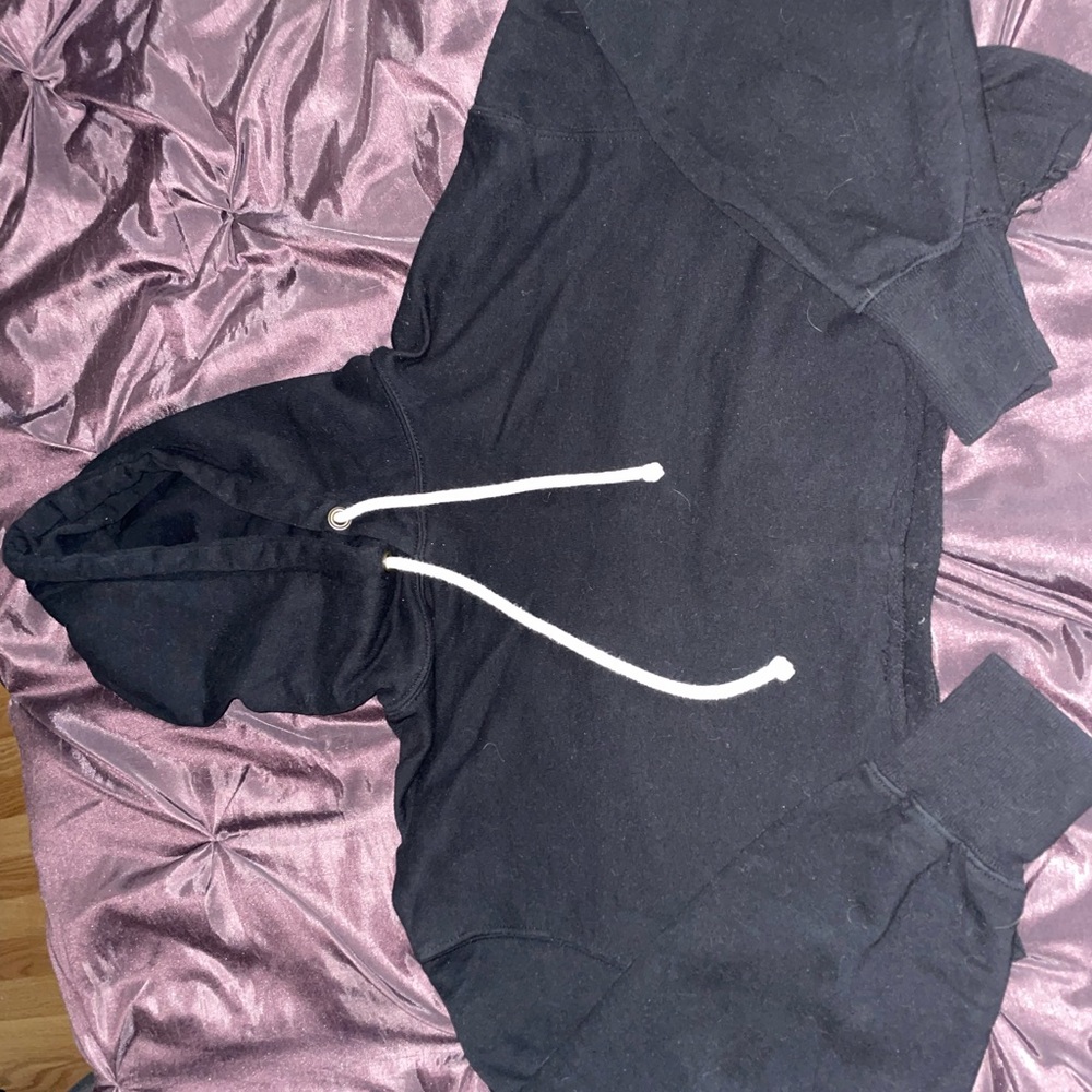 Black cropped Hoodie with White Drawstrings. Good condition.